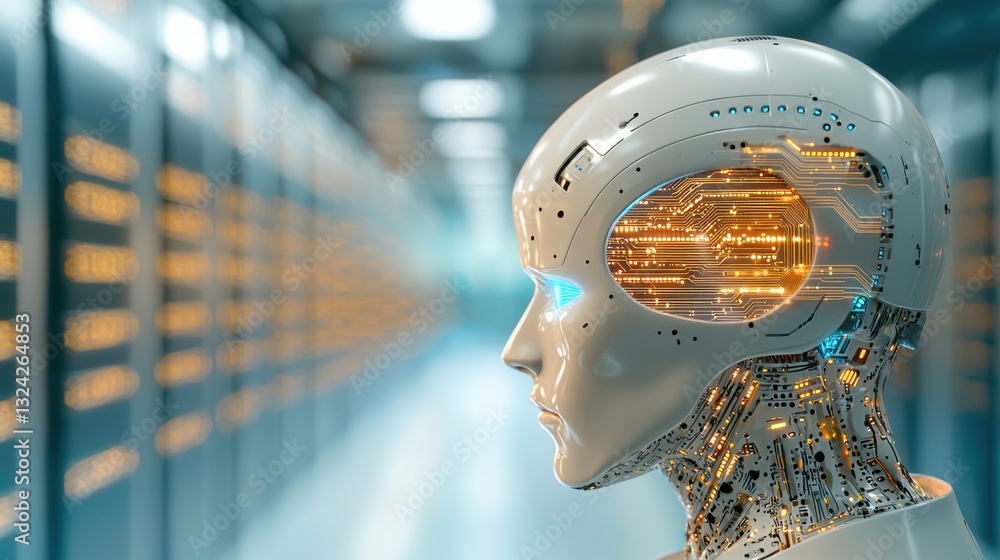 Poster a futuristic robot head with glowing elements, set against a backdrop of server racks, symbolizing a