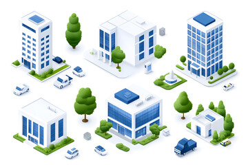 A detailed isometric set of modern city buildings, skyscrapers, isolated on white background