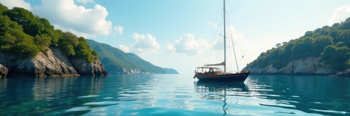 Fishing boat anchored in a secluded harbour cove, sailboat, water