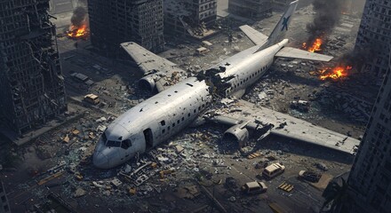 Airplane Crash Site Amidst War-Torn City Ruins with Smoke and Fire