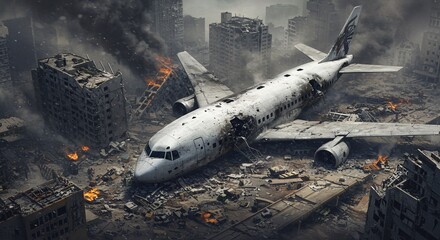 Airplane Crash Site Amidst War-Torn City Ruins with Smoke and Fire