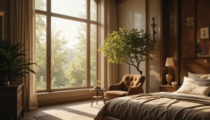 Serene Bedroom with Large Window Sunlight Streaming Through Trees Luxurious Interior Design