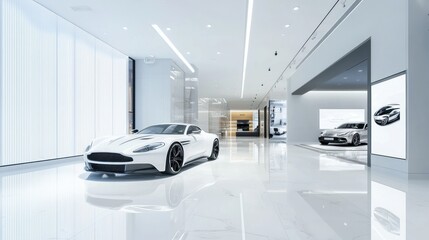 A modern, minimalist showroom with clean lines, white interiors, and a single luxury car on display