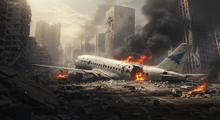 Airplane Crash Site Amidst War-Torn City Ruins with Smoke and Fire