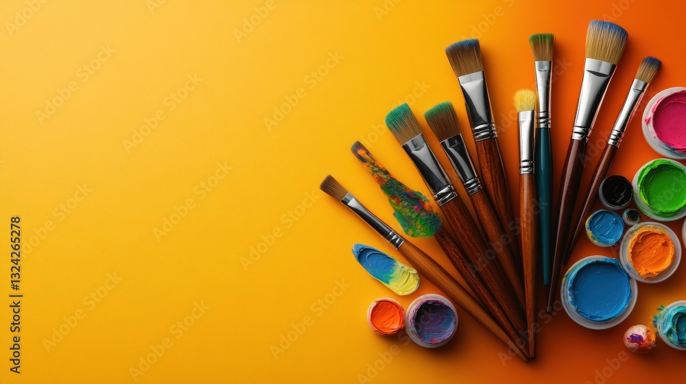 Poster array of paint brushes and tubes of paint set on a bright multicolored background for creative inspi