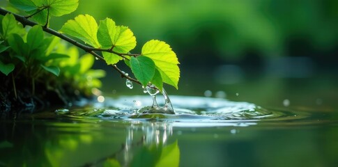 Leafy branch overhanging a small pond with water splashing on its surface, splash, nature, ripples
