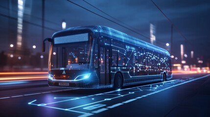 Obraz premium A realistic 3D image of a modern bus, showing its route with dotted lines and location markers. It represents a new type of public transportation. 