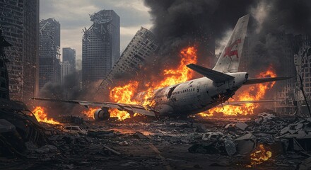 Airplane Crash Site Amidst War-Torn City Ruins with Smoke and Fire