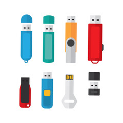 Assorted Flat Design USB Drive Icon Set in Various Colors and Styles