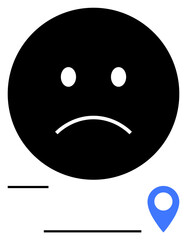 Black sad face conveying unhappiness paired with a blue location pin. Ideal for emotion mapping, mental health, dissatisfaction, review feedback, location-based emotions, mood tracking, flat simple