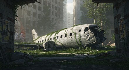 Abandoned Airplane Wreck in Post-Apocalyptic Urban Ruins