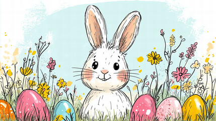 Adorable White Bunny Surrounded by Colorful Easter Eggs and Spring Flowers