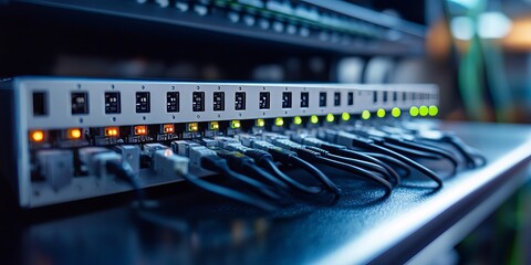 a network server with connected cables and lights.