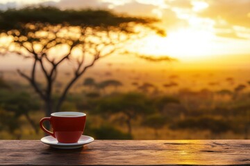 A vibrant sunset scene featuring a red cup of coffee on a wooden table, set against a backdrop of silhouette trees and golden hues.
