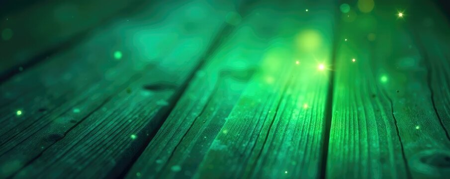 Luminous ethereal turquoise and lime green glow emanating from the wood grain background with soft focus effect, dreamy, ethereal