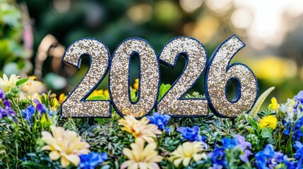 Glitter numerals 2026 atop a vibrant flower arrangement