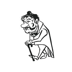 Obraz premium Retro man slouching with cane, line monochrome vector