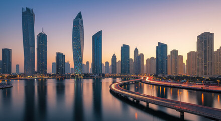 Fototapeta premium Dubai at Dusk: A Stunning Skyline Reflection with Light Trails - Urban Beauty, Architecture, Travel Photography