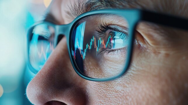 A close-up of a person"s eye wearing glasses, reflecting stock market charts, symbolizing finance and investment analysis.