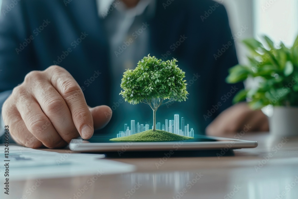Poster a person interacts with a digital tablet displaying a 3d tree, symbolizing sustainability and techno