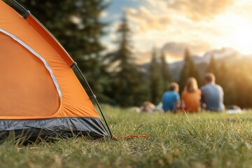 A vibrant orange tent in a lush green setting, with people seated in the background enjoying a serene sunset in nature.
