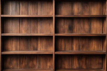 Vintage empty bookshelf made of aged wood with a rustic texture and antique charm
