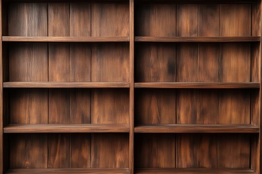 Vintage empty bookshelf made of aged wood with a rustic texture and antique charm