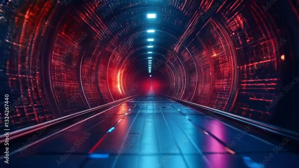 Poster A sleek corridor filled with dynamic lighting creates an immersive experience in a quantum technology environment. The blend of blue and red lights highlights the futuristic architecture.