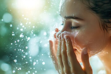 Fototapeta premium Woman washing her face with water in the morning, splashing water, radiant skin, natural light coming through window, fresh clean environment