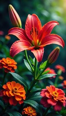 Fototapeta premium Red lily flowers bloom amidst a tapestry of colorful summer blooms, foliage, marigolds, botanical