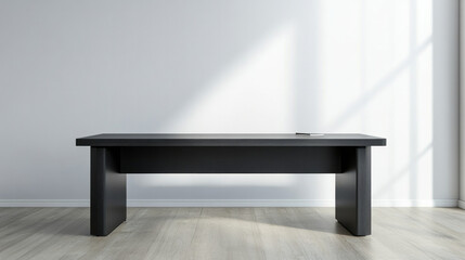 This image of a clean and empty office desk with supplies on a modern workspace table represents a professional and organized environment.  AI generative