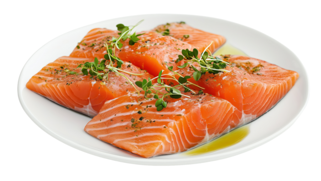 Fresh salmon carpaccio garnished with olive oil and microgreens