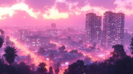 Obraz premium Pink sunset city skyline, hazy night lights
