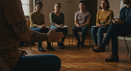 Obraz premium Therapy Group Session: Open Communication & Support. People Talking in a Circle, Mental Health & Wellbeing, Coping Skills, Guidance, Encouragement.