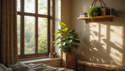 Serene Bedroom with Sunlight Streaming Through Window Plants and Wooden Shelf