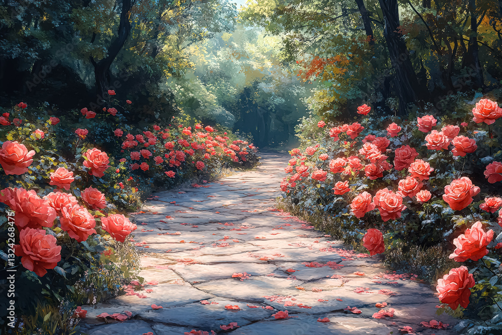 Poster path through a garden of red flowers. the flowers are in full bloom and the path is lined with them.