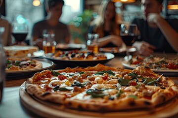 Friends Enjoying a Pizza Meal in a Cozy Restaurant, a Casual Dining Experience