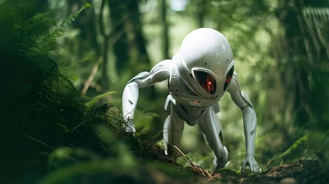 Shadowy woodland landscape revealing menacing extraterrestrial entity slinking through tangled undergrowth, signaling potential cosmic confrontation in primal wilderness
