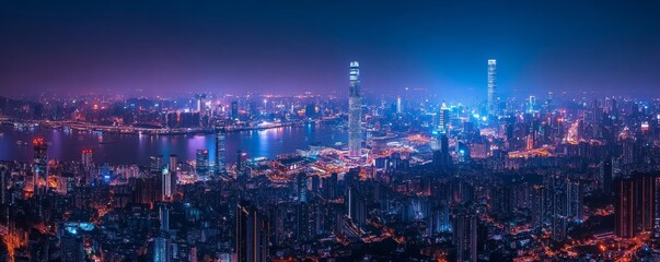 Fototapeta premium a panoramic view of a cityscape at night with illuminated skyscrapers and the river.