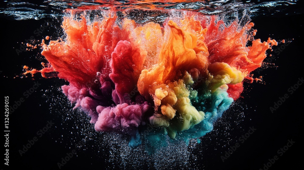Poster stunning colorful explosion of water creating abstract patterns underwater with a dramatic black bac