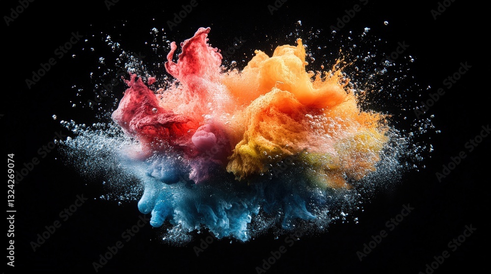 Poster spectacular multi colored explosion of water creating dynamic abstract patterns underwater against d