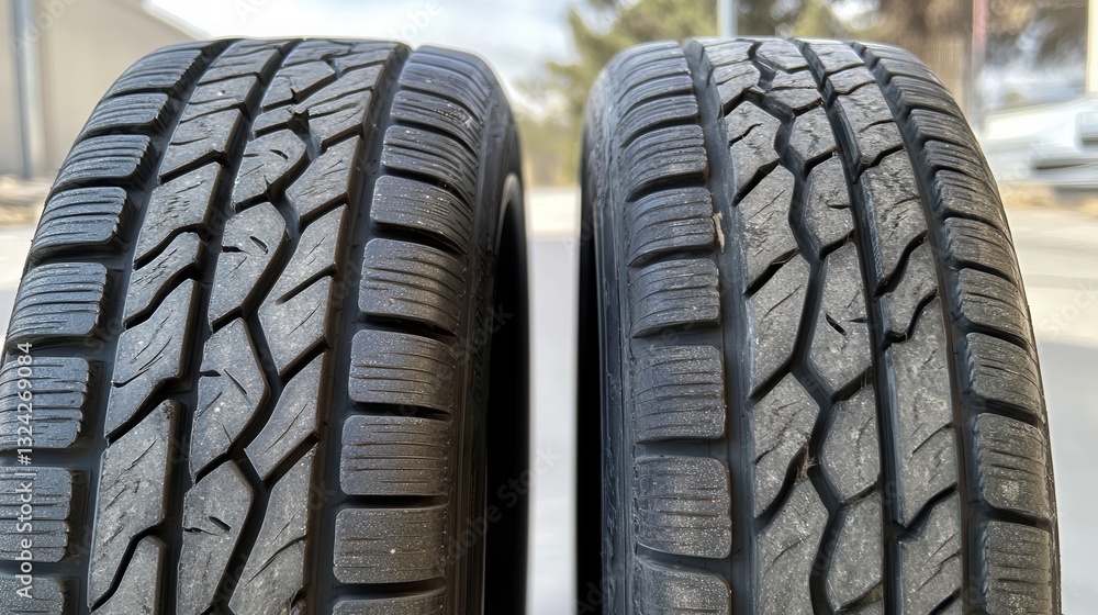 Poster comparison of two car tires on a white background highlighting tread design and depth suitable for v