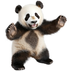 Playful panda bear sitting on a green patch of grass in a natural habitat surrounded by bamboos and foliage isolated on a white background.