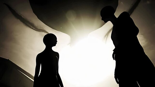 Alien silhouettes emerging beneath radiant luminescence, revealing cryptic encounter with palpable tension and unexplained cosmic presence