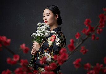 A woman wearing a kimono holding a bouquet of flowers- traditional attire