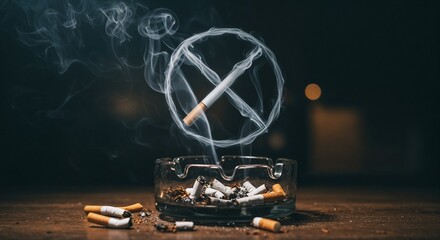 Cigarettes in an ashtray with smoke forming a no smoking sign, representing the quit smoking concept