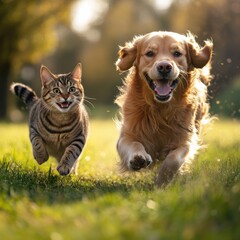 Happy golden retriever and tabby cat running together on grass