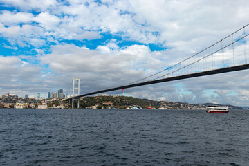 Istanbul Bosphorus Bridge or 15th July Martyrs Bridge with Istanbul panorama cityscape during summer sunny day. Istanbul, Turkiye