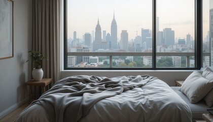 Serene Bedroom with City View Unmade Bed and Large Window Showing Modern Skyline