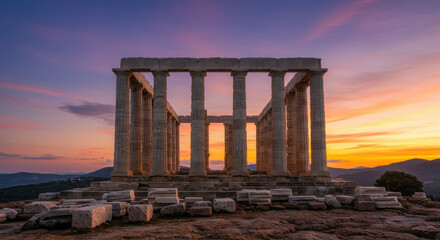 Fototapeta premium Sunset Serenity at Poseidon Temple: Ancient Greece Landmark, Cape Sounion, Twilight Glow & Iconic Ruins